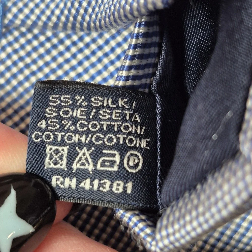 Polo Ralph‎ Lauren Handmade Italy Silk Cotton Blue Micro Check Necktie Preppy